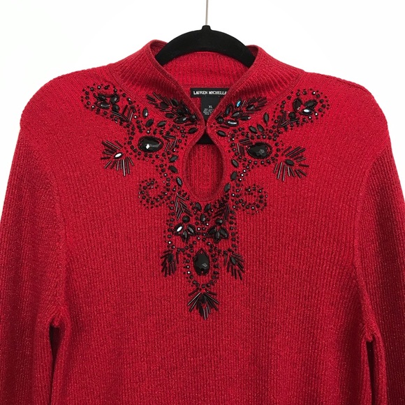 Lauren Michelle Deep Maroon Long Sleeves Dress w/ black bling rhinestones. So XL - Picture 3 of 8